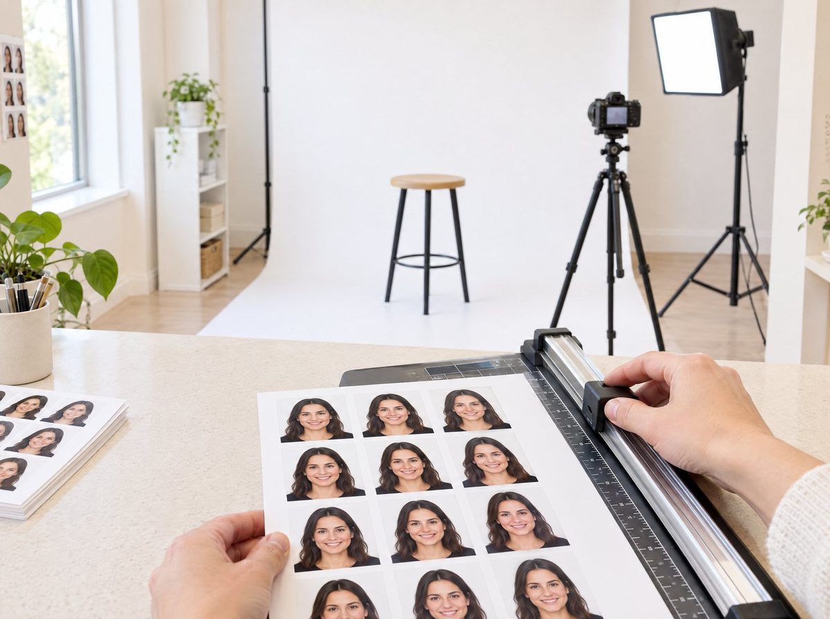 A sheet of printed passport and ID photos being trimmed at GN PIX