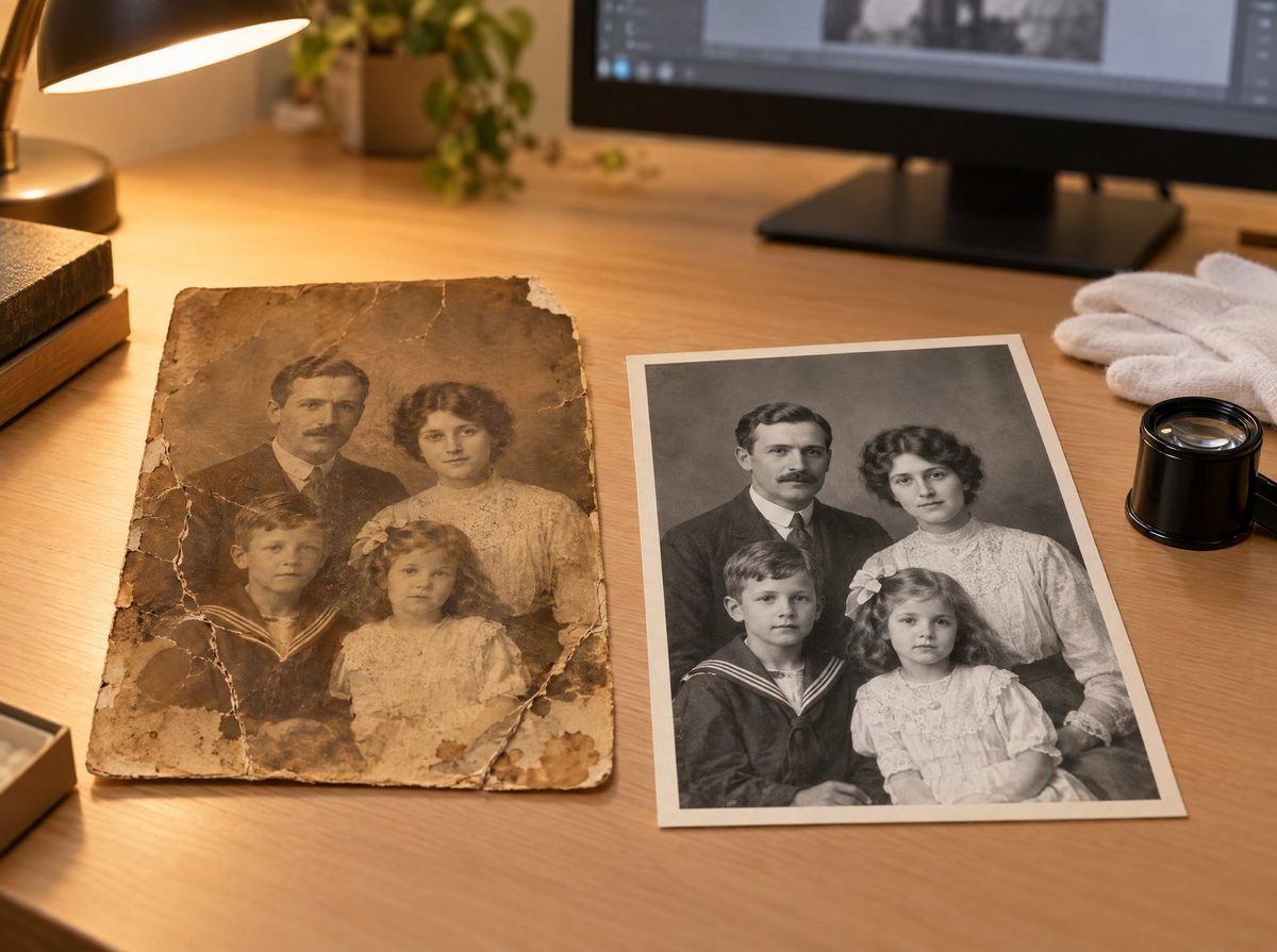A damaged vintage family photo beside its restored reprint at GN PIX